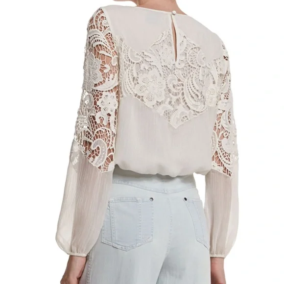 Alice + Olivia | Jenelle Long-Sleeve Lace-Trim Plisse Blouse - Picture 2 of 5